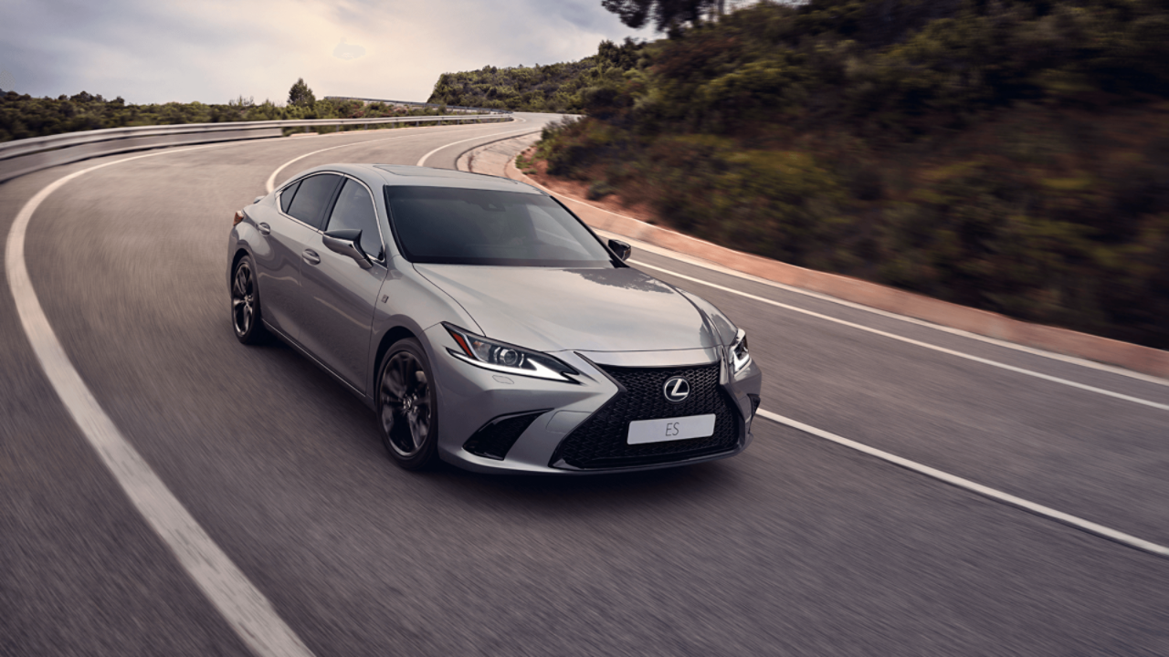 A woman leaning against a Lexus ES